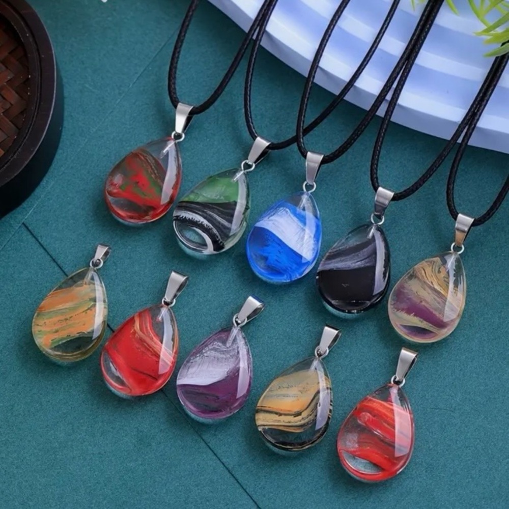 ⭐️ 5 for $25 Glass Crystal Water Droplet Pendant Necklace on a Black Cord - Picture 4 of 9